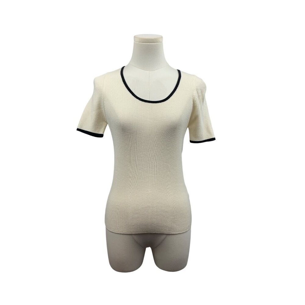 Luxe Ribbed Short Sleeve Contrast Trim Fitted Knit Top In Cream & Black